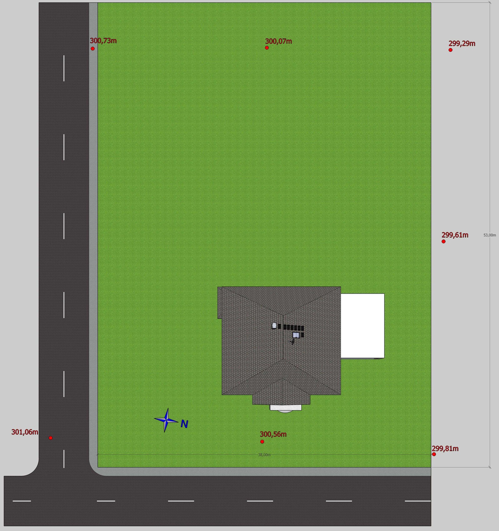 Lageplan eines Baugrundstücks mit Haus, Garten und Straßenumrandung