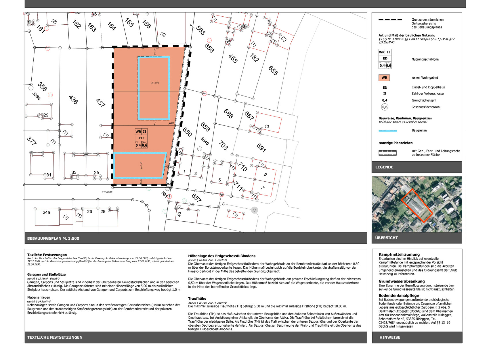 orange Baukörper auf Plan, mit blauer Umrandung, Rand- und Straßenverlauf sichtbar.