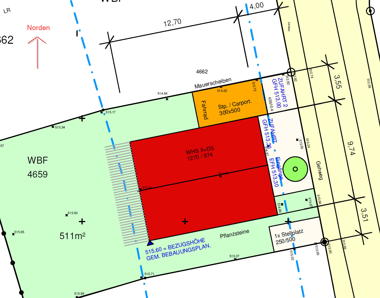 Grundstücksplan mit Gebäuden, Zufahrten, Grünflächen und Grenzlinien