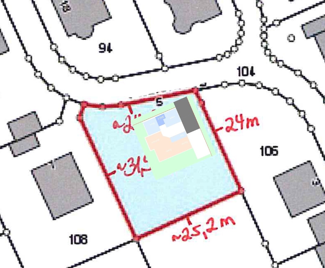 Lageplan eines Grundstücks mit rotem Umriss und umliegenden Parzellen
