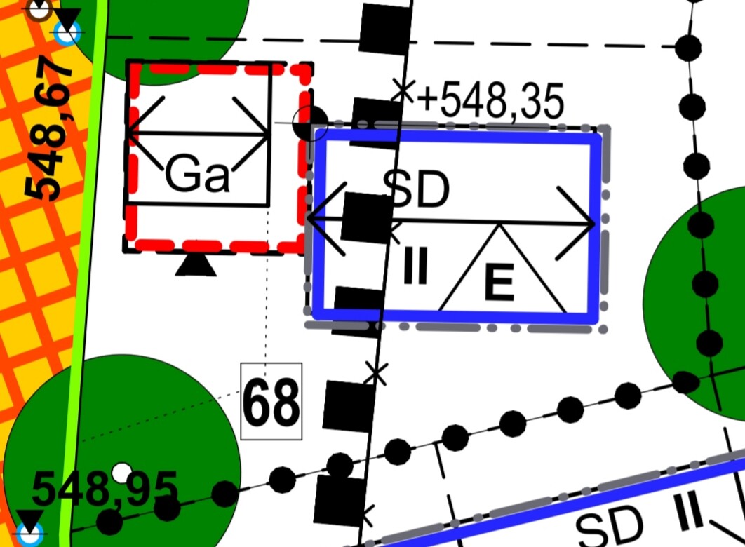Schematische Karte mit rotem Ga-Block, blauem SD-Block, Pfeilen, Linien und Koordinaten.