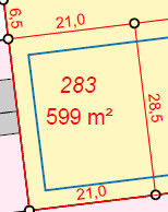 Grundstücksplan einer Parzelle mit Fläche von 599 m² und Abmessungen 21 m mal 28,5 m