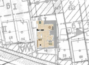 Lageplan eines Baugrundstücks mit markiertem Gebäude-Grundriss auf Kartenbasis