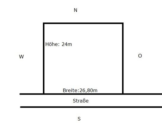 Schematisches Rechteckgebäude über einer Straße; Breite 26,80 m, Höhe 24 m; Norden oben.