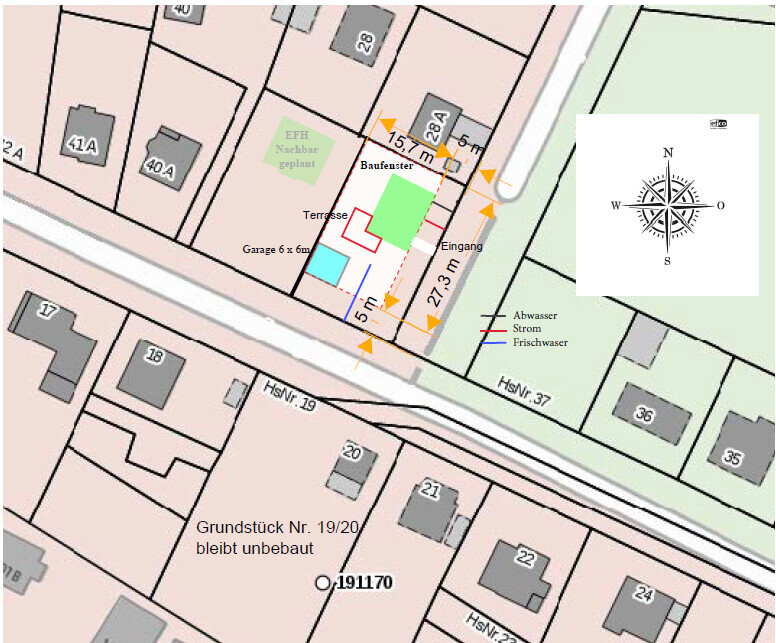 Lageplan eines Baugrundstücks mit geplanter Nachbarbebauung, Terrasse, Garage und Zufahrt.