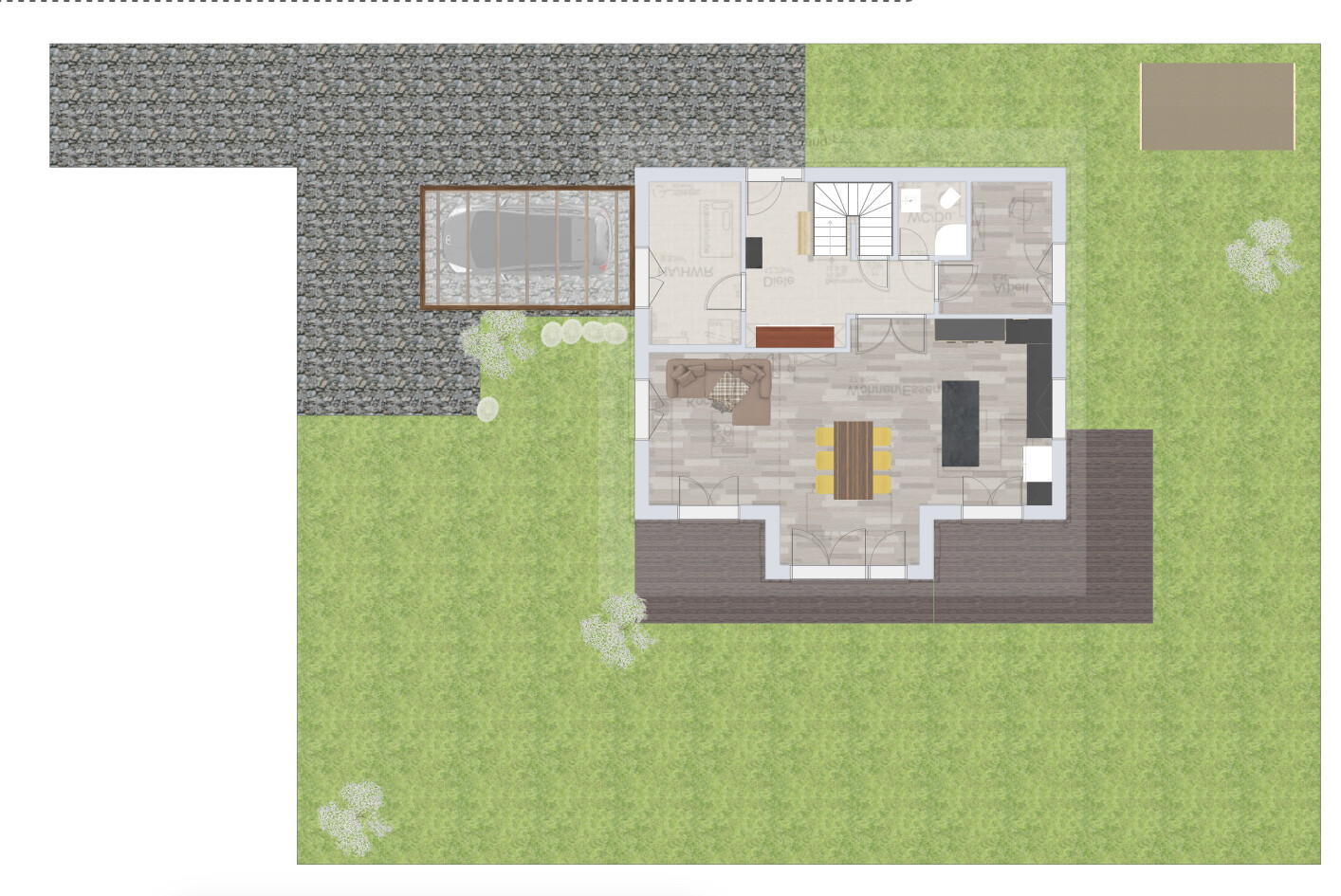 Übersichtlicher Grundriss eines Hauses mit Garten, Terrasse und Zufahrt