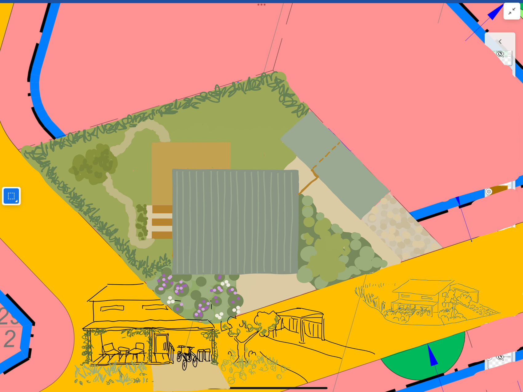 Top-Down-Plan eines Grundstücks mit Haus, Garten und Wegen.