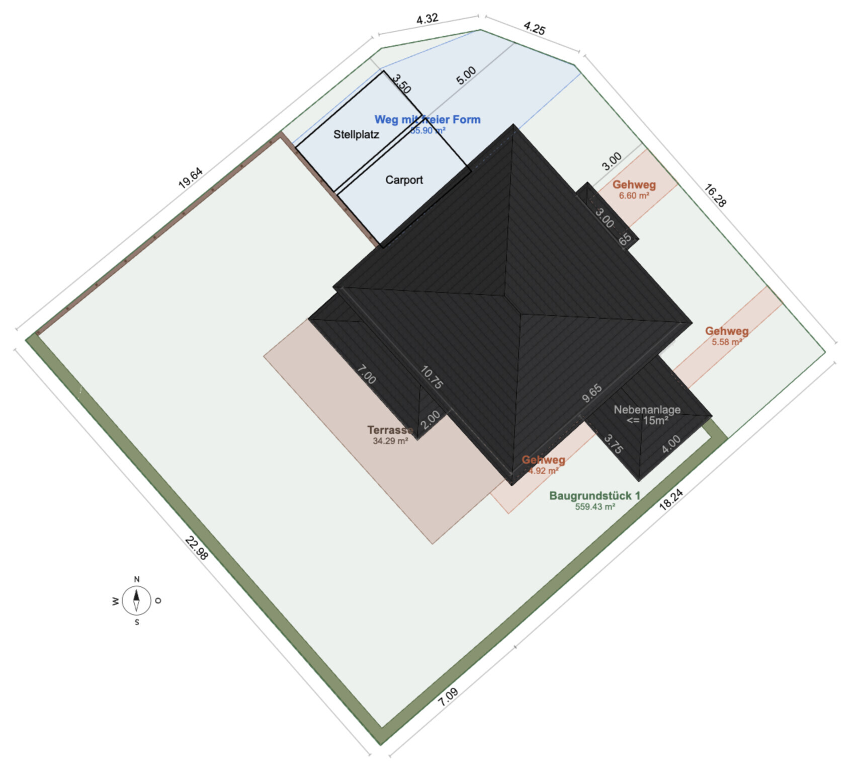Grundriss eines Wohnhaus-Grundstücks mit Dach, Terrasse, Carport, Stellplatz und Gehwege.