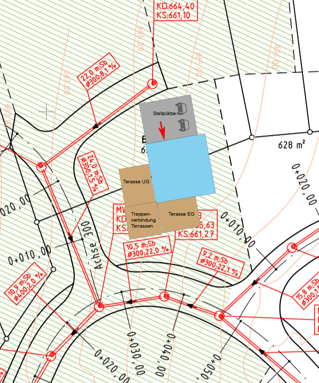 Lageplan eines Grundstücks mit Terrasse, Stellplätzen und Treppenverbindungen