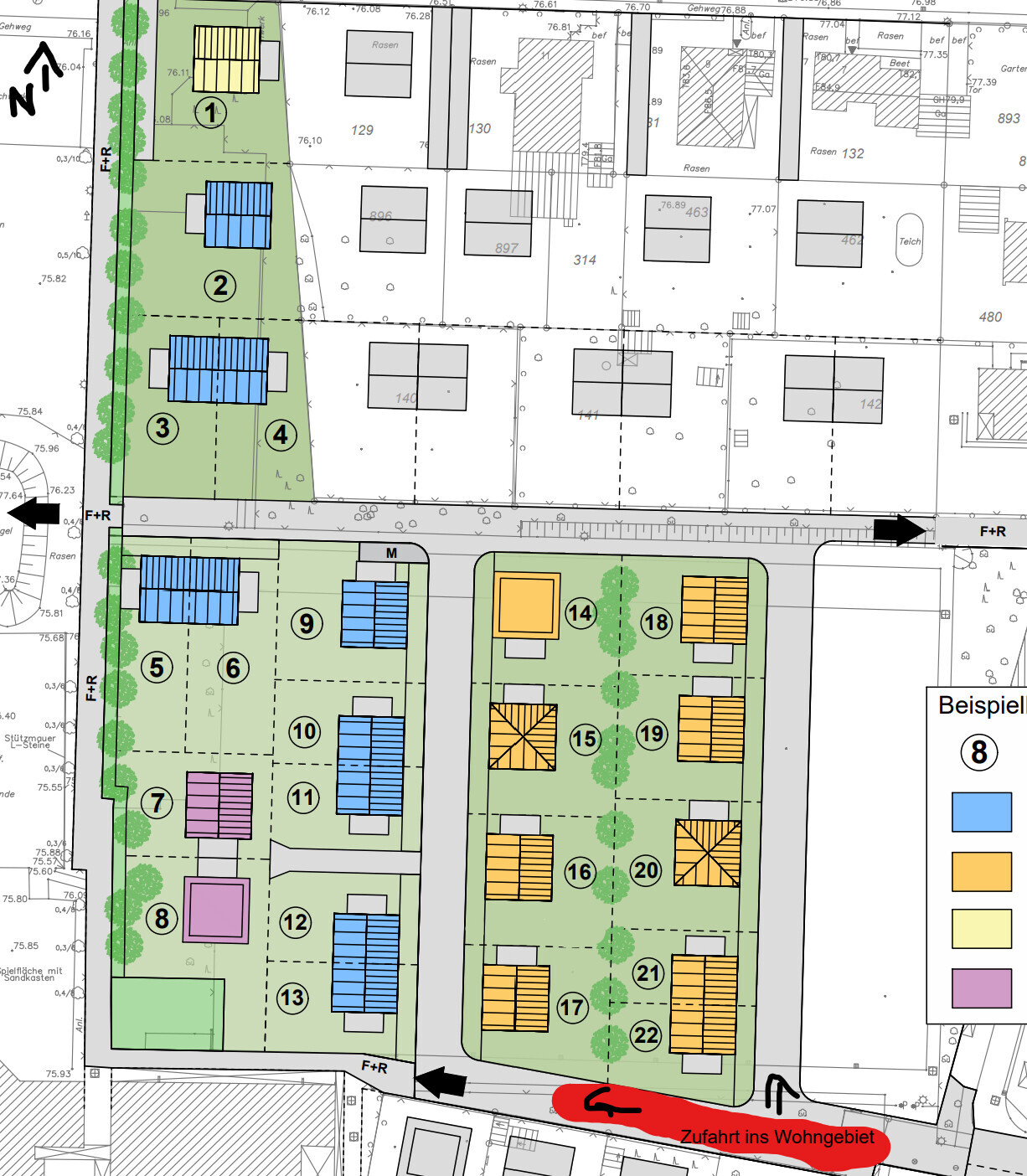 Lageplan eines Wohngebiets: Straßen, Grünflächen, Parzellen 1–22, farbige Dächer, Zufahrt.