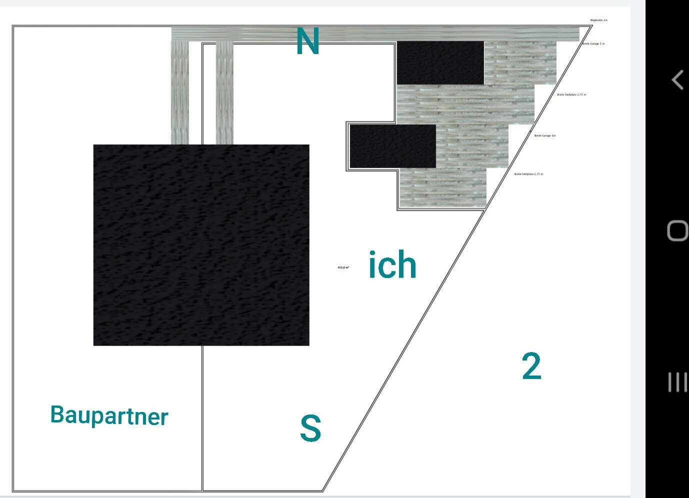Architektur-Layout mit schwarzen Flächen, Texten 'ich' und 'Baupartner', N oben