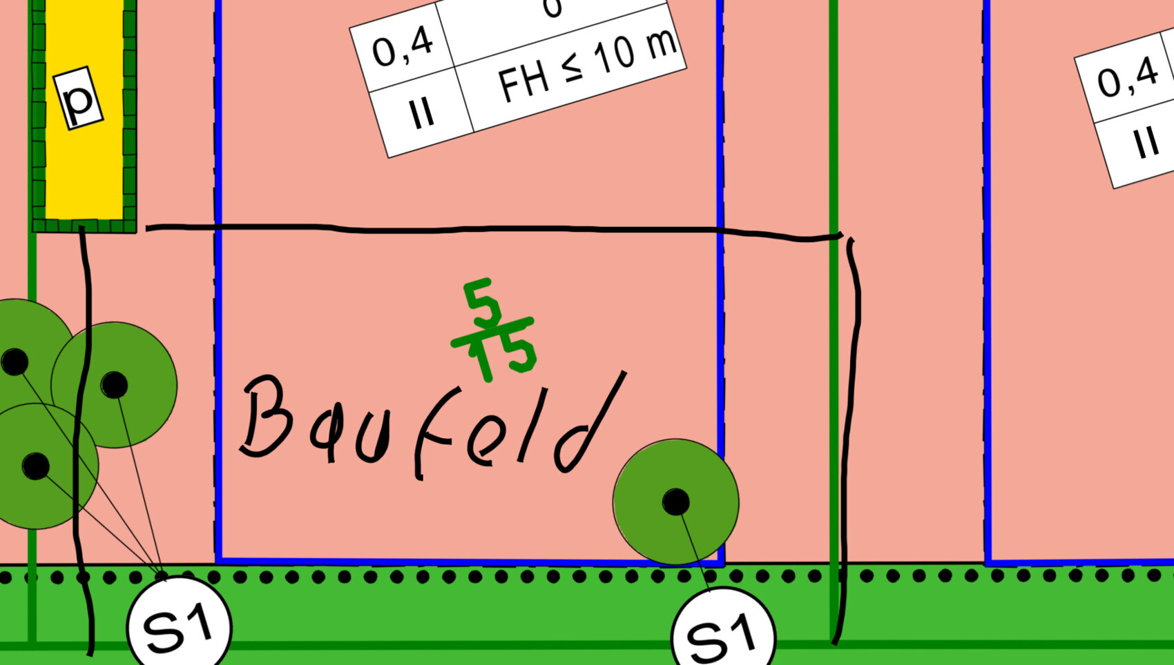 Grundrissplan eines Baugeländes mit Baufeld und Markierungen