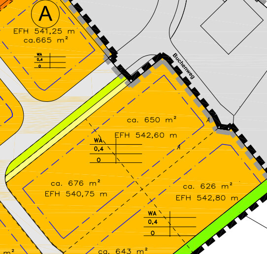 Lageplan eines Baugrundstücks mit markierten Parzellen, Grenzlinien und Maßen