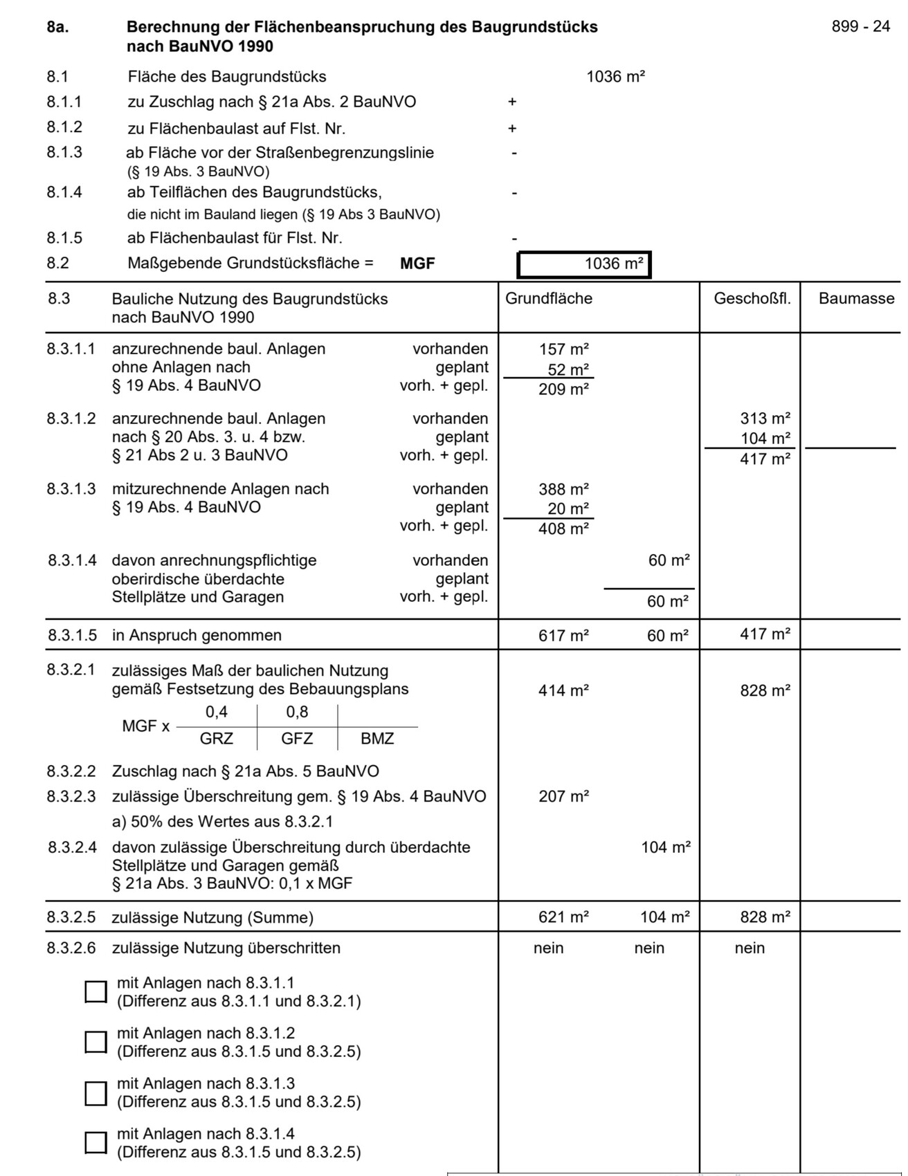Tabelle zur Berechnung der Flächenbeanspruchung des Baugrundstücks nach BauNVO 1990.
