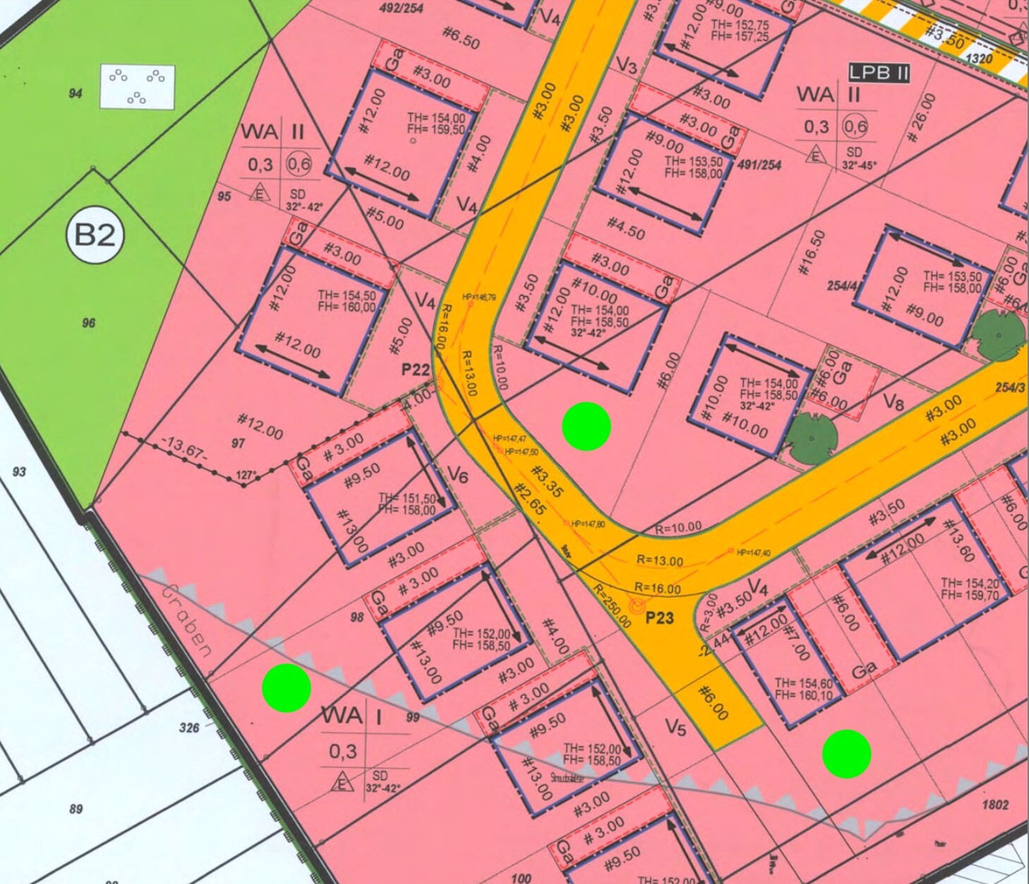 Farbig gezeichneter Lageplan: pinke Parzellen, gelbe Straßen, grüne Flächen mit Markierungen.