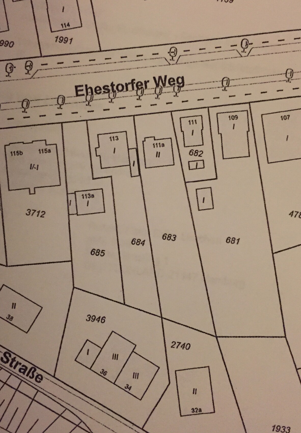 Lageplan mit Parzellen am Ehestorfer Weg und Straßennamen