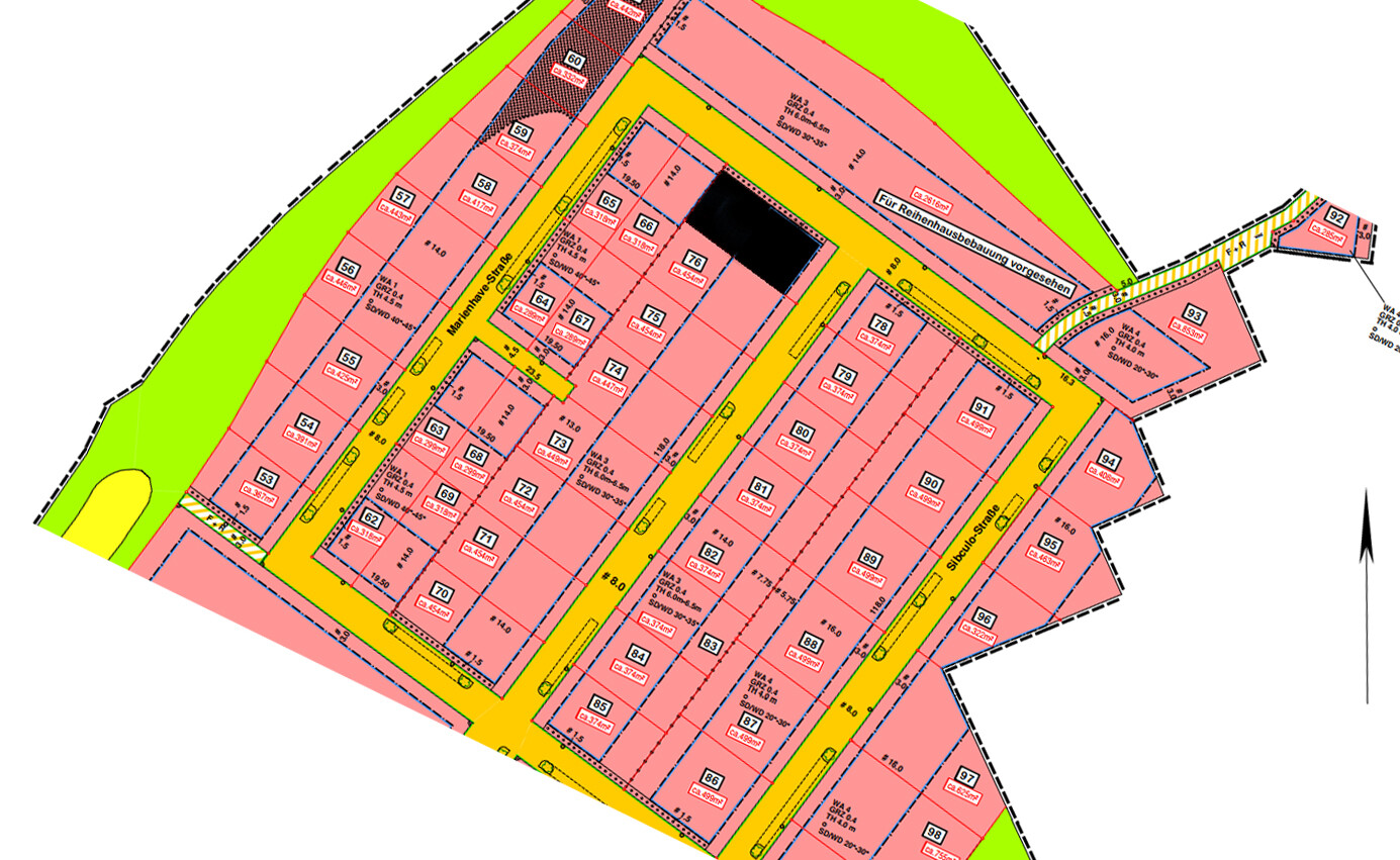 Lageplan der Baugrundstücke mit Parzellen, Straßen und Grünflächen, farblich markiert