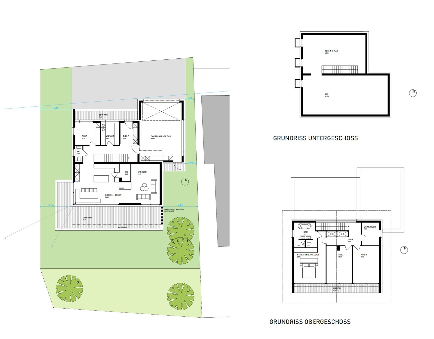 Grundriss eines Hauses: Erdgeschoss mit Terrasse und Garten, sowie Unter- und Obergeschosspläne.