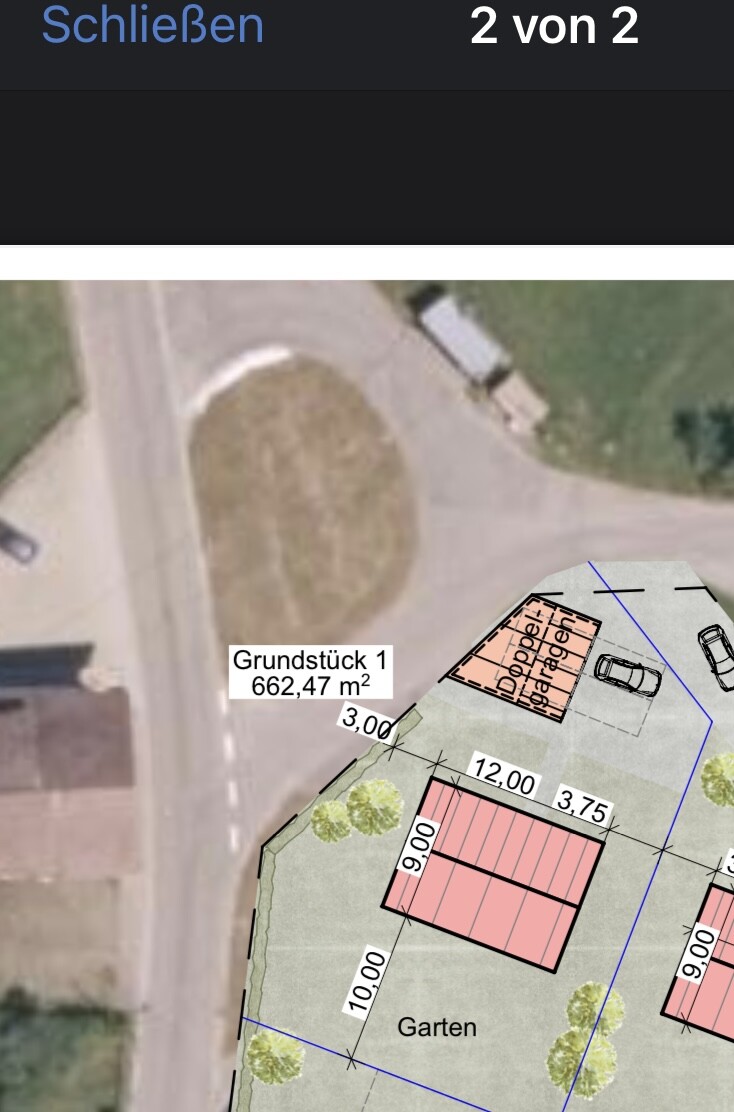 Grundstück 1, 662,47 m²; Garten, rotes Gebäude, Doppelgarage, Parkplätze, Maßlinien (Lageplan)