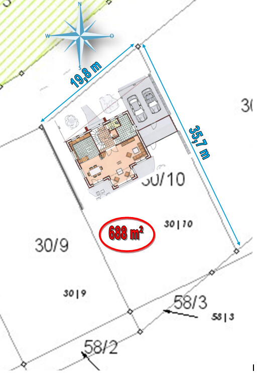 Grundstücksplan mit Hausgrundriss, Zufahrt, Garage und 688 m² Grundstücksfläche