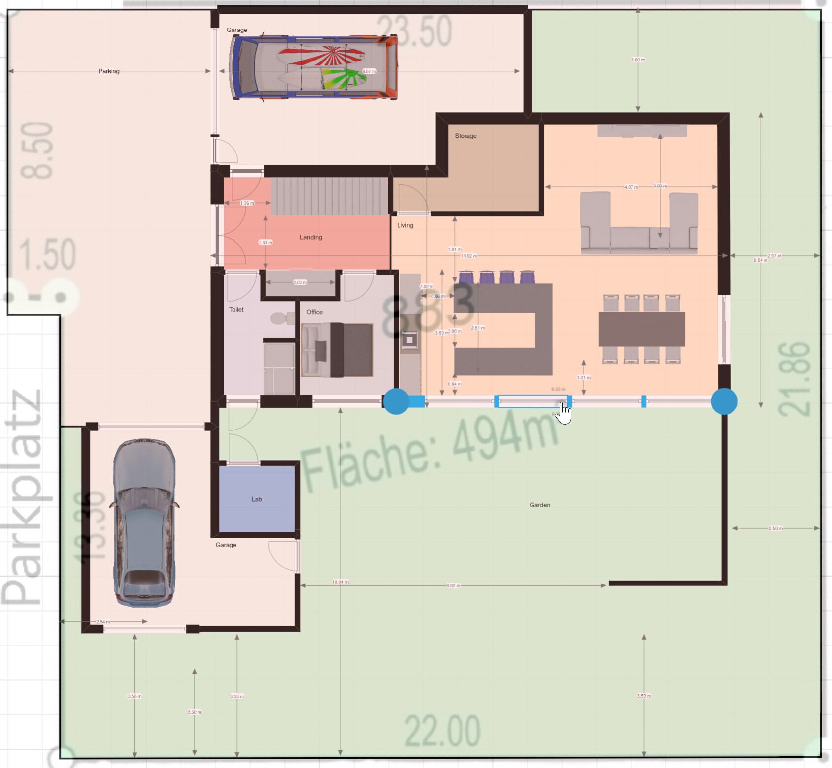 Grundriss eines Hauses: Garage, Parkplatz, Wohn- und Essbereich, Küche, Büro, Toilette, Lager, Garten.