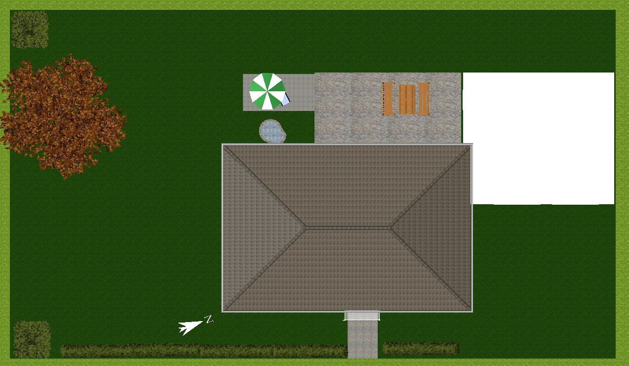 Vogelperspektive eines Hauses mit Dach, Garten, Terrasse und Zufahrt.