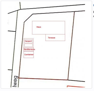 Lageplan eines Grundstücks mit Haus, Terrasse, Carport und Geräteraum