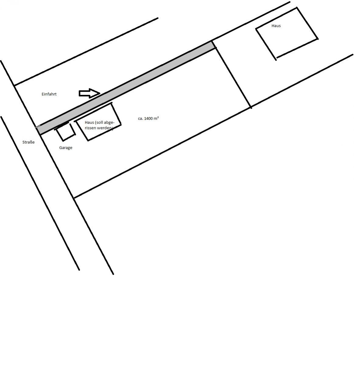 Lageplan eines Grundstücks mit Einfahrt, Straße, Garage und Haus