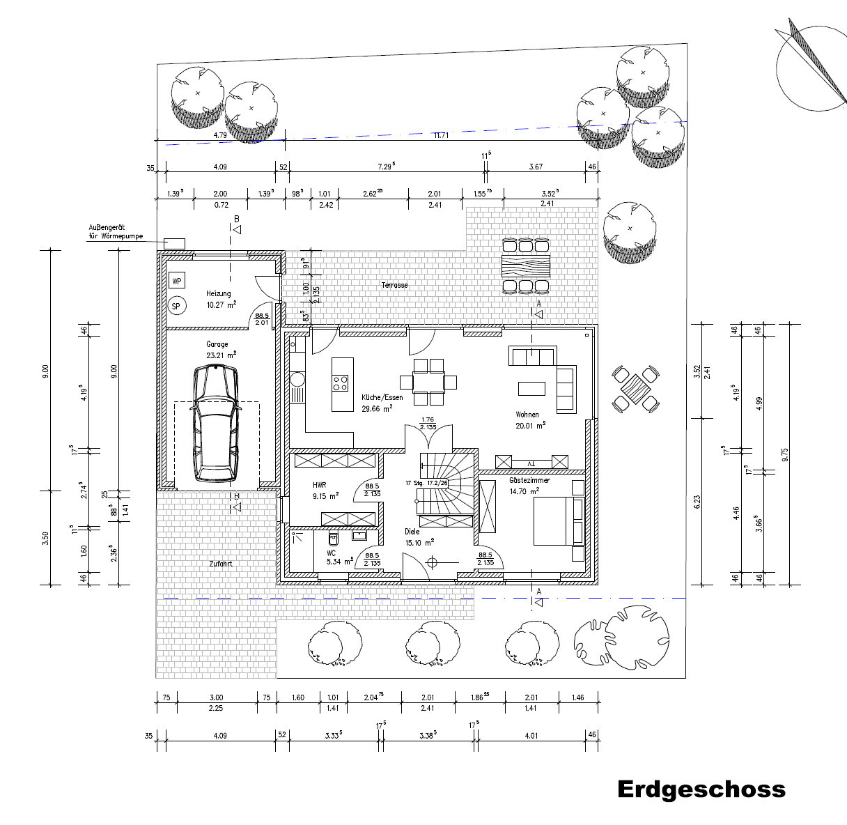 Grundriss Erdgeschoss: Garage, Küche/Essen, Wohnen, Gästezimmer, Diele, Terrasse, Garten.
