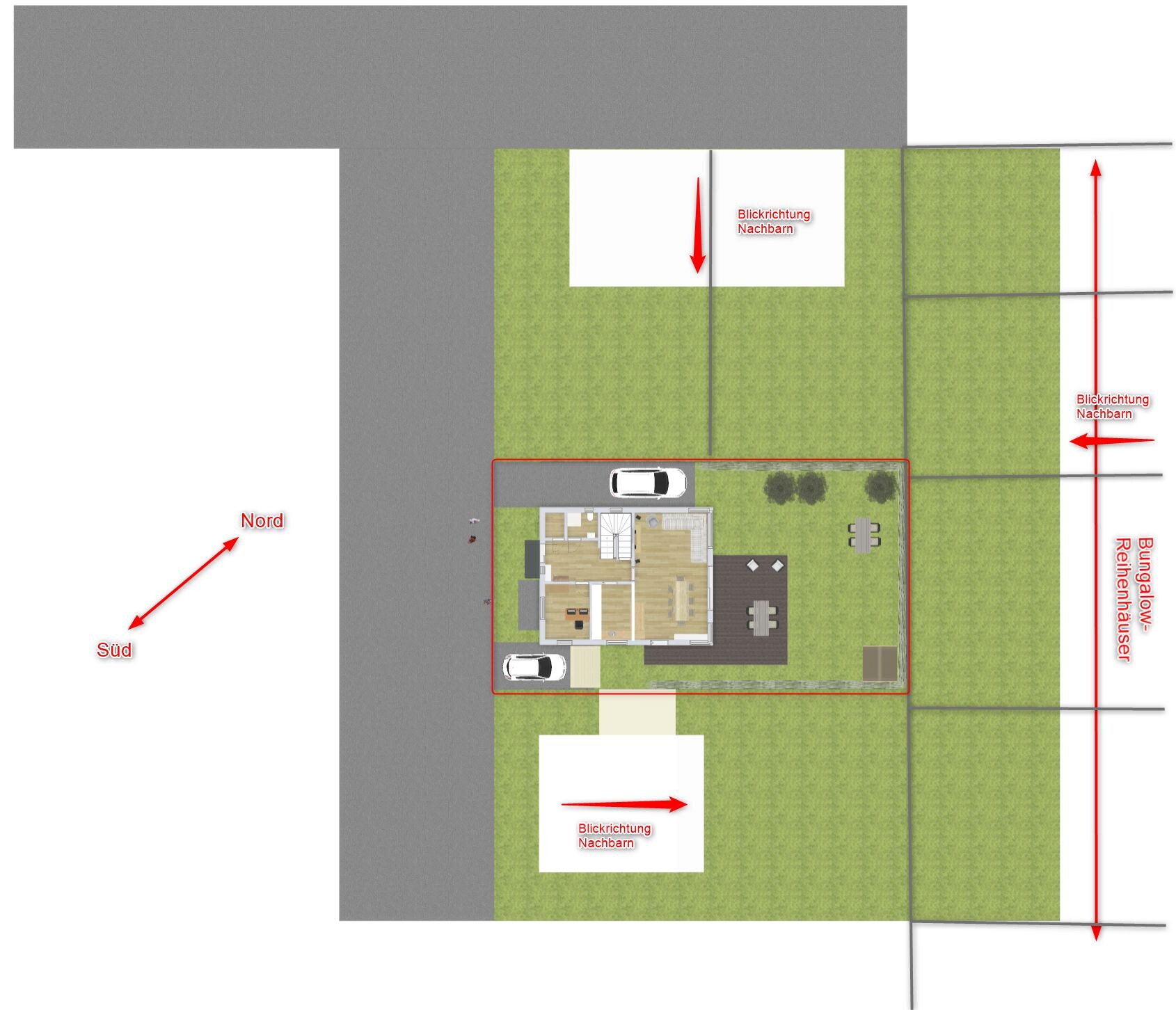 Grundrissplan eines Hauses mit Garten, Zufahrt und zwei Autos; Nord-Süd-Ausrichtung.