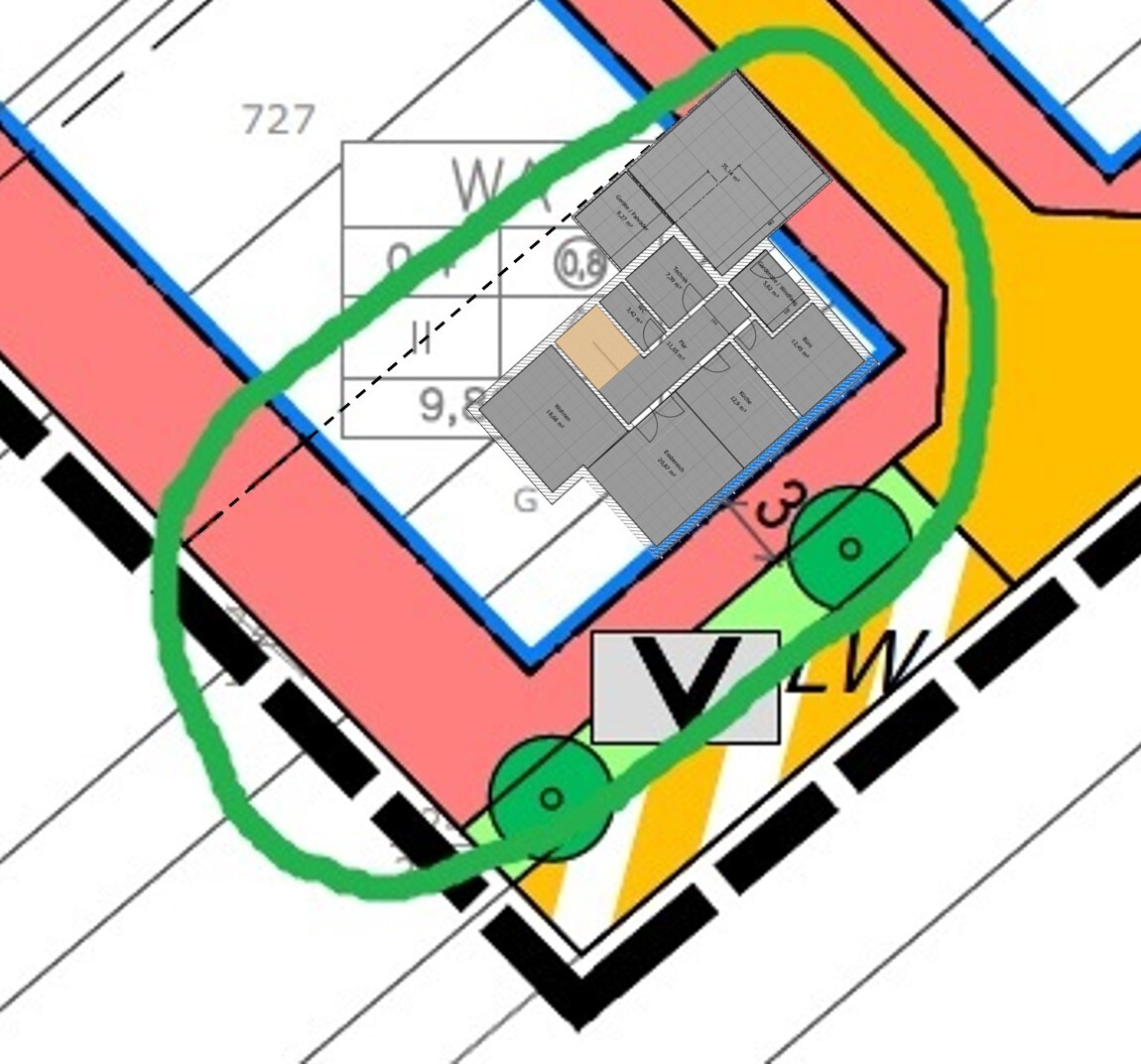 Grundriss auf buntem Lageplan mit grüner Umrandung; graue Raumplatten im Zentrum.