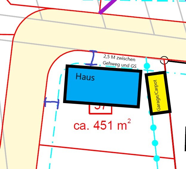 Grundrissplan: Blaues Haus-Rechteck neben gelb-schwarzem Garage/Carport; ca. 451 m².