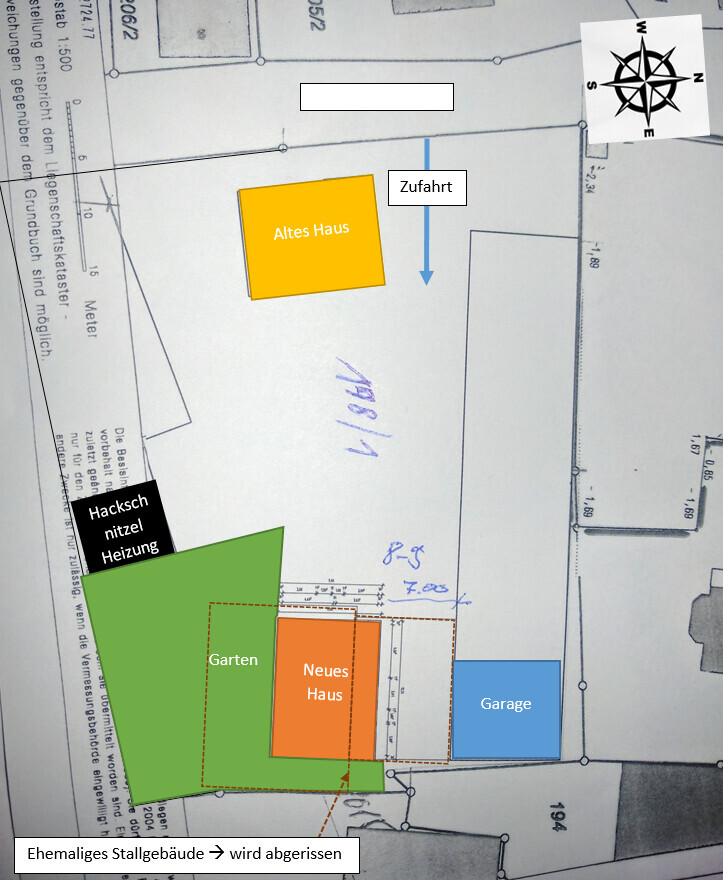 Lageplan: altes Haus, neues Haus, Garten und Garage auf dem Grundstück