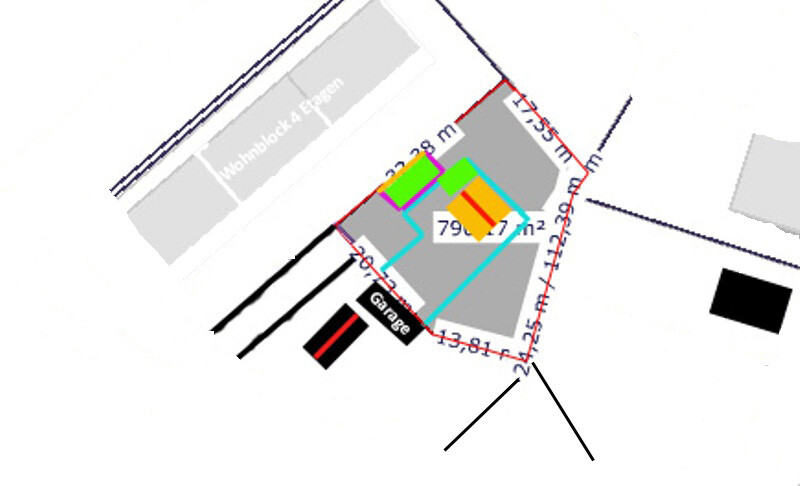 2D-Grundrissplan eines Baugrundstücks mit Garage und Abmessungen