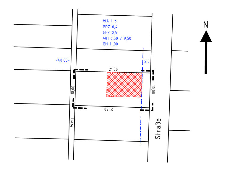 Grundstücksplan: rotes, schraffiertes Baufeld zwischen Weg und Straße, Nordpfeil.