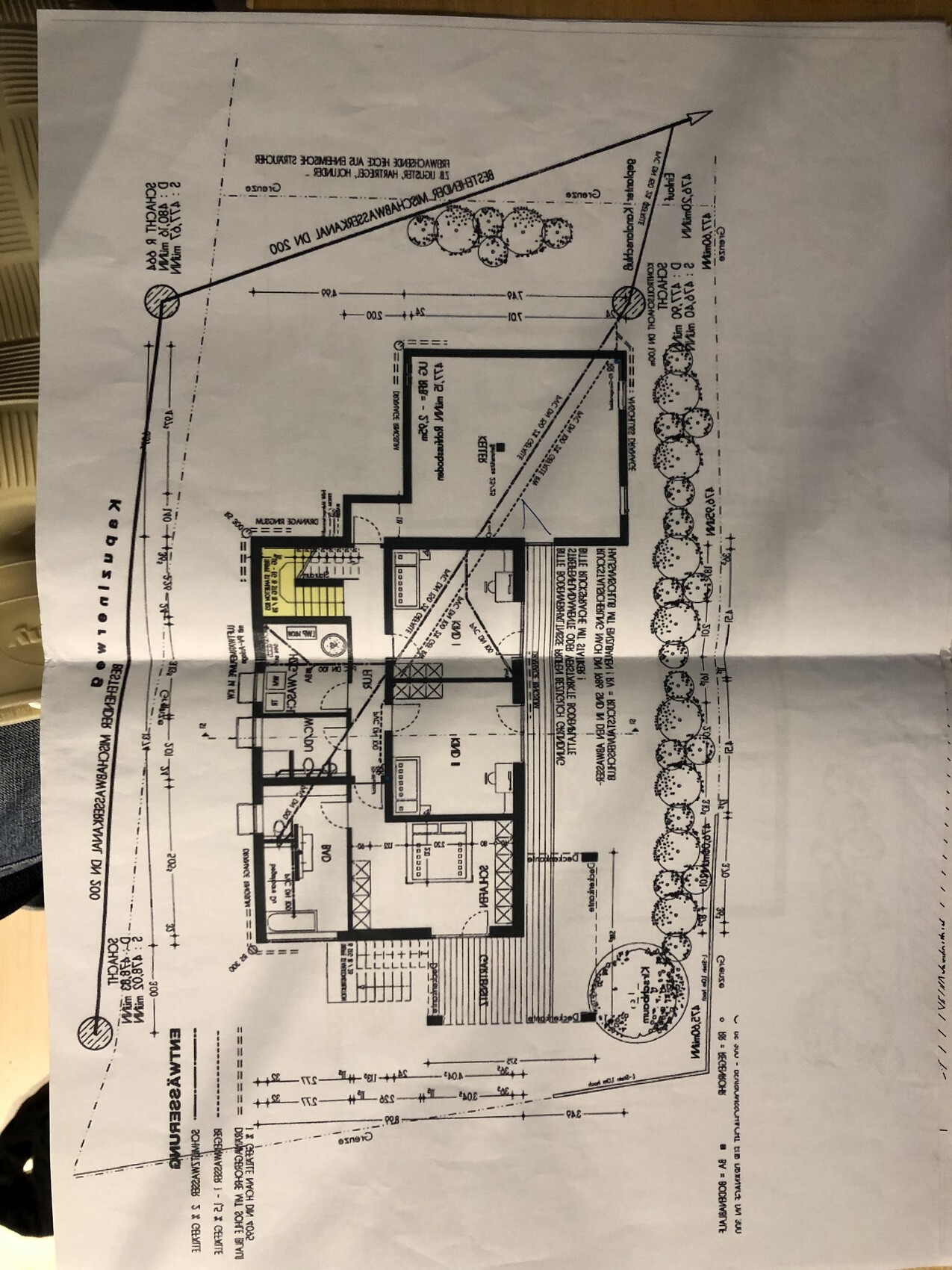 Grundriss eines Hauses mit Garten, Wegen und Bäumen.