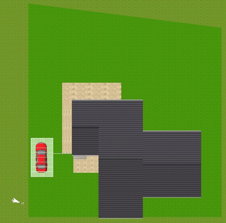 Lageplan eines Hauses mit Dach, Hof und Grünfläche von oben