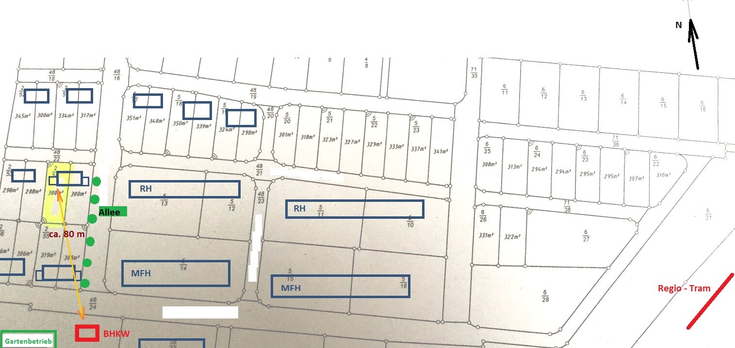 Lageplan eines Siedlungsgebiets mit Allee, Gartenbetrieb, BHKW, RH und MFH, Regio-Tram.