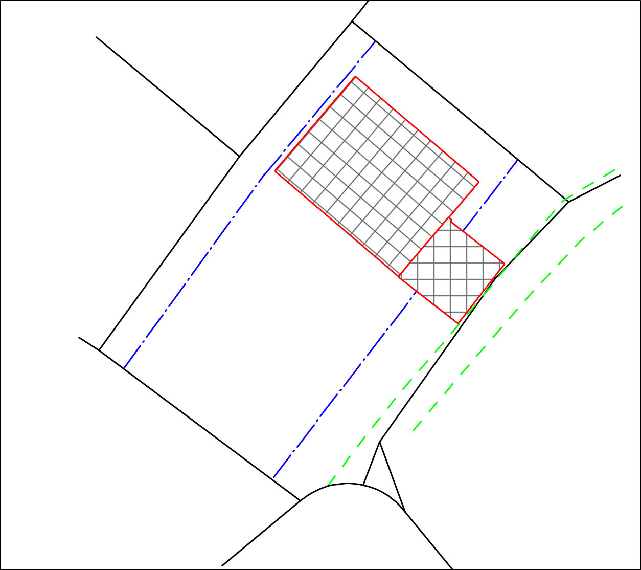 Lageplan eines Baugrundstuecks mit Gebaeudeflaeche und Grenzlinien