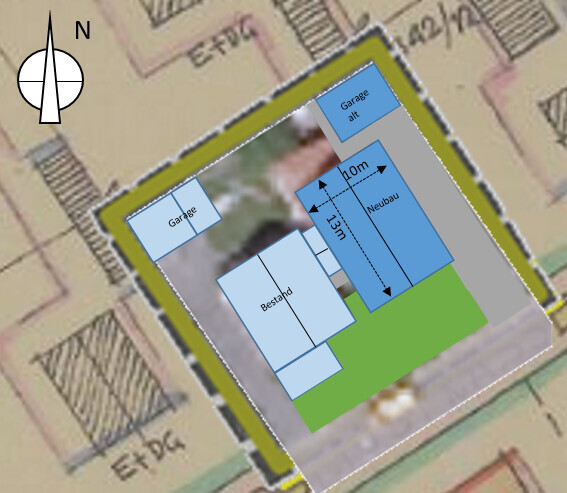Lageplan eines Baugrundstücks mit Neubau, Bestand, Garage und Grünfläche.