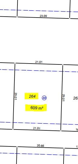 Grundstückslageplan: Blau gezeichnete Umrisse; zwei gelb markierte Parzellen 264 und 609 m².