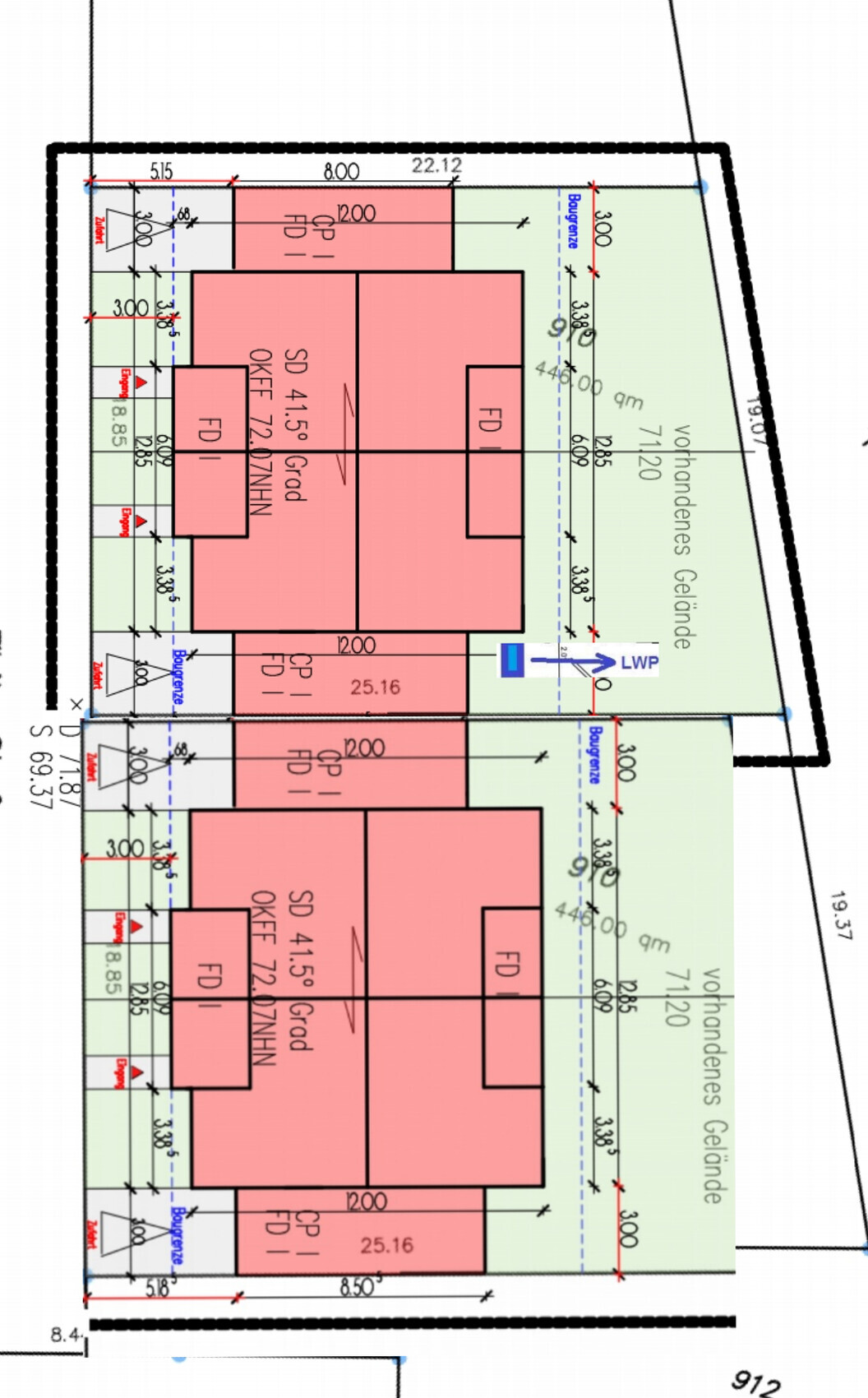 2D-Grundstücksplan mit Gebäuden, Geländegrenzen und Zufahrten
