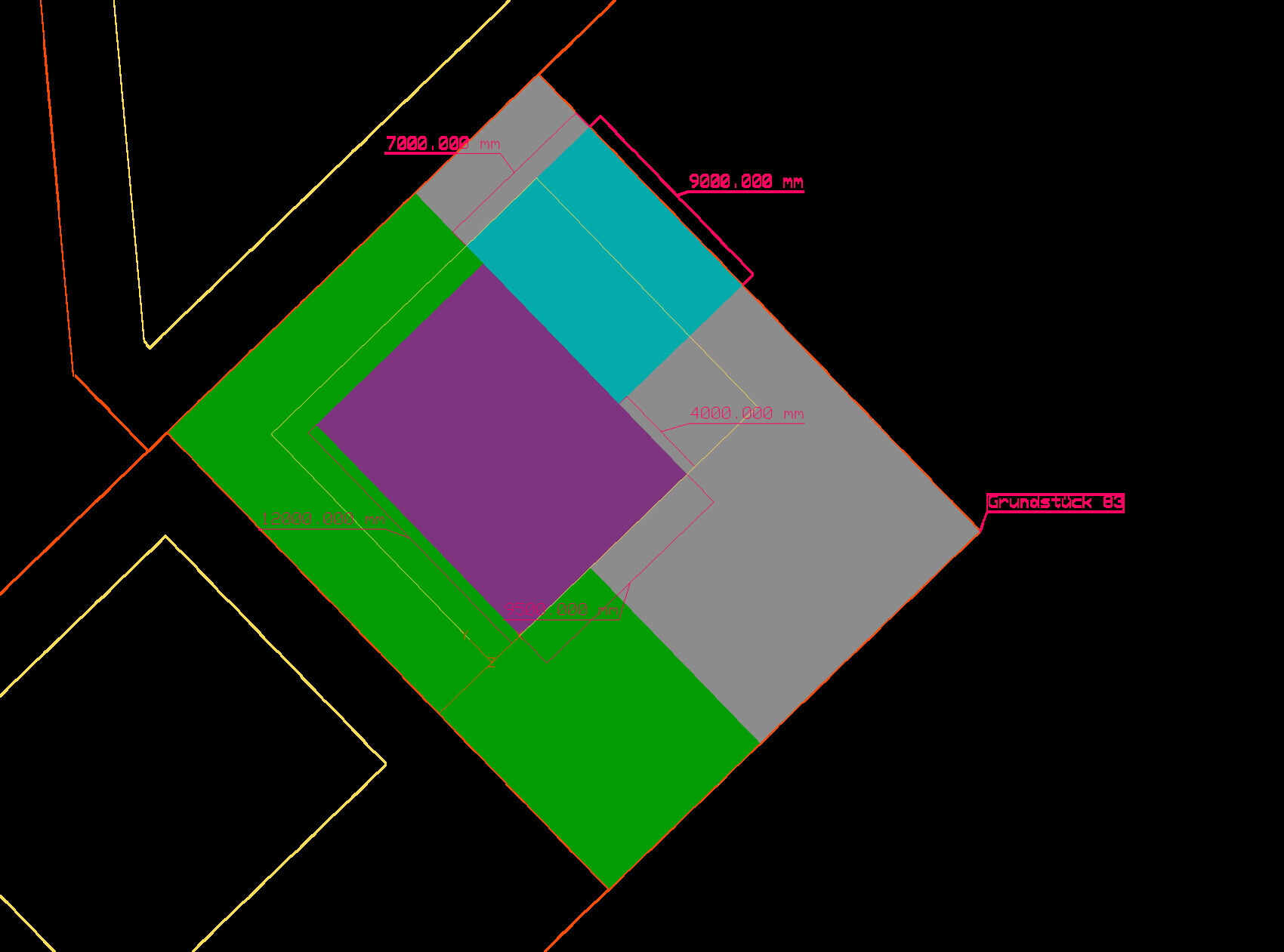Geometrisch gefärbtes Parzellen-Diagramm mit Maßlinien in mm; Grundstück 83.
