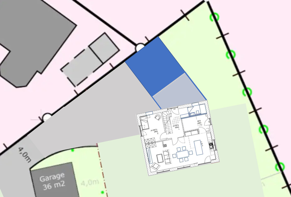 Grundstücks- und Hausgrundriss auf Plotplan mit Gebäudeumrissen