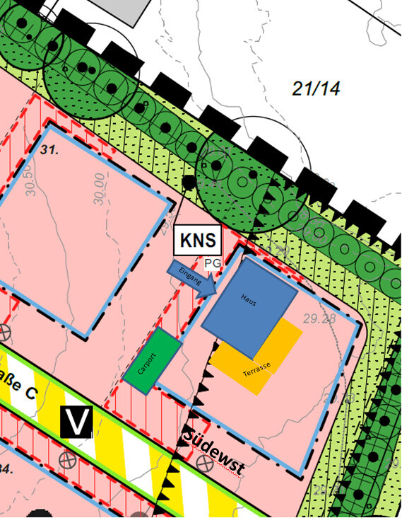 Lageplan eines Baugrundstücks mit Haus, Terrasse und Carport