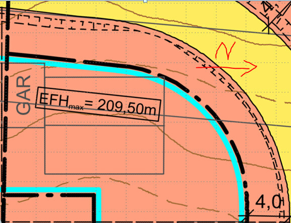 Lageplan mit gelben und pinken Zonen, blaue Umrandung, Pfeil Norden, EFH max 209,50 m