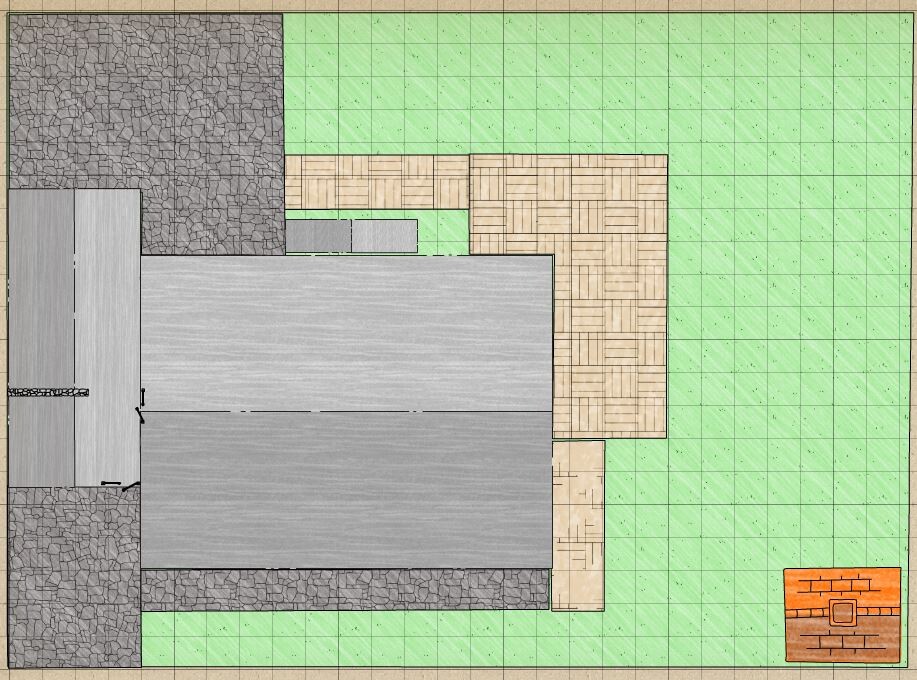 Lageplan eines Hauses mit Grundstück, Zufahrt, Steinfläche, Terrasse und Grünflächen.
