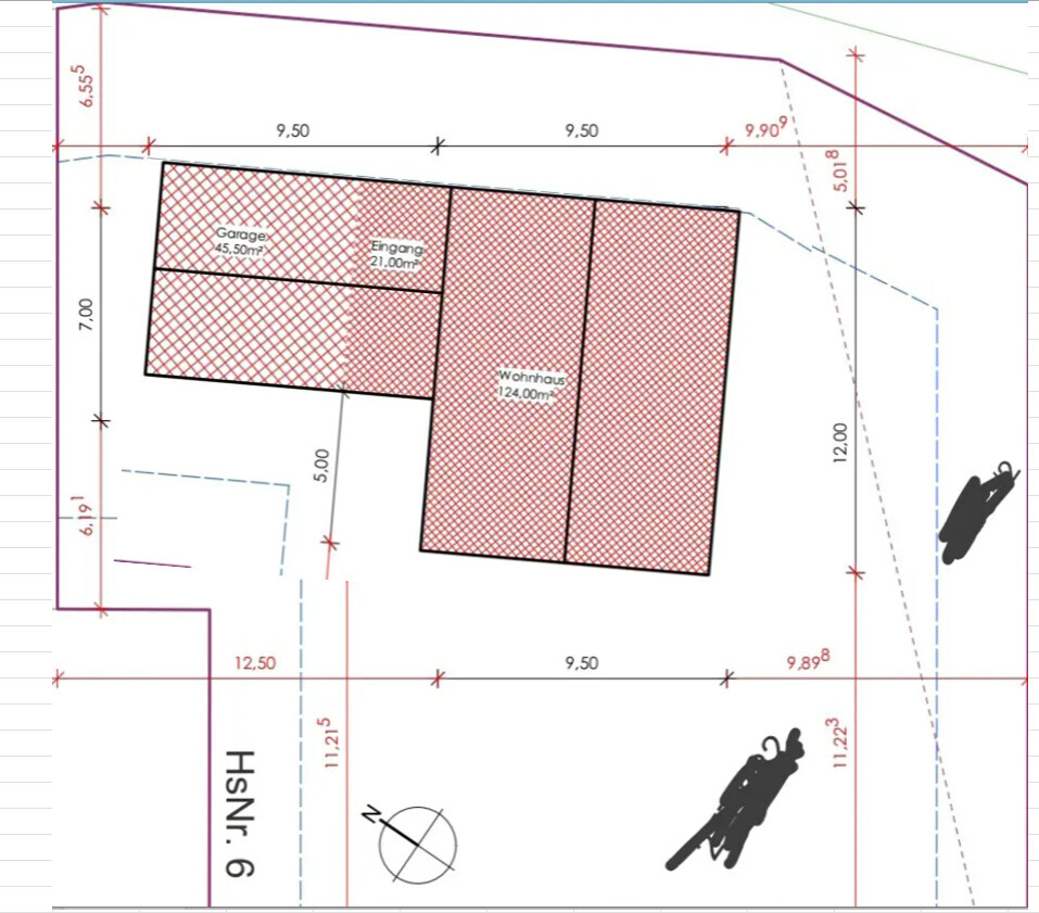 Grundriss eines Grundstücks: Wohnhaus und Garage, schraffiert, mit Eingangsbereich.