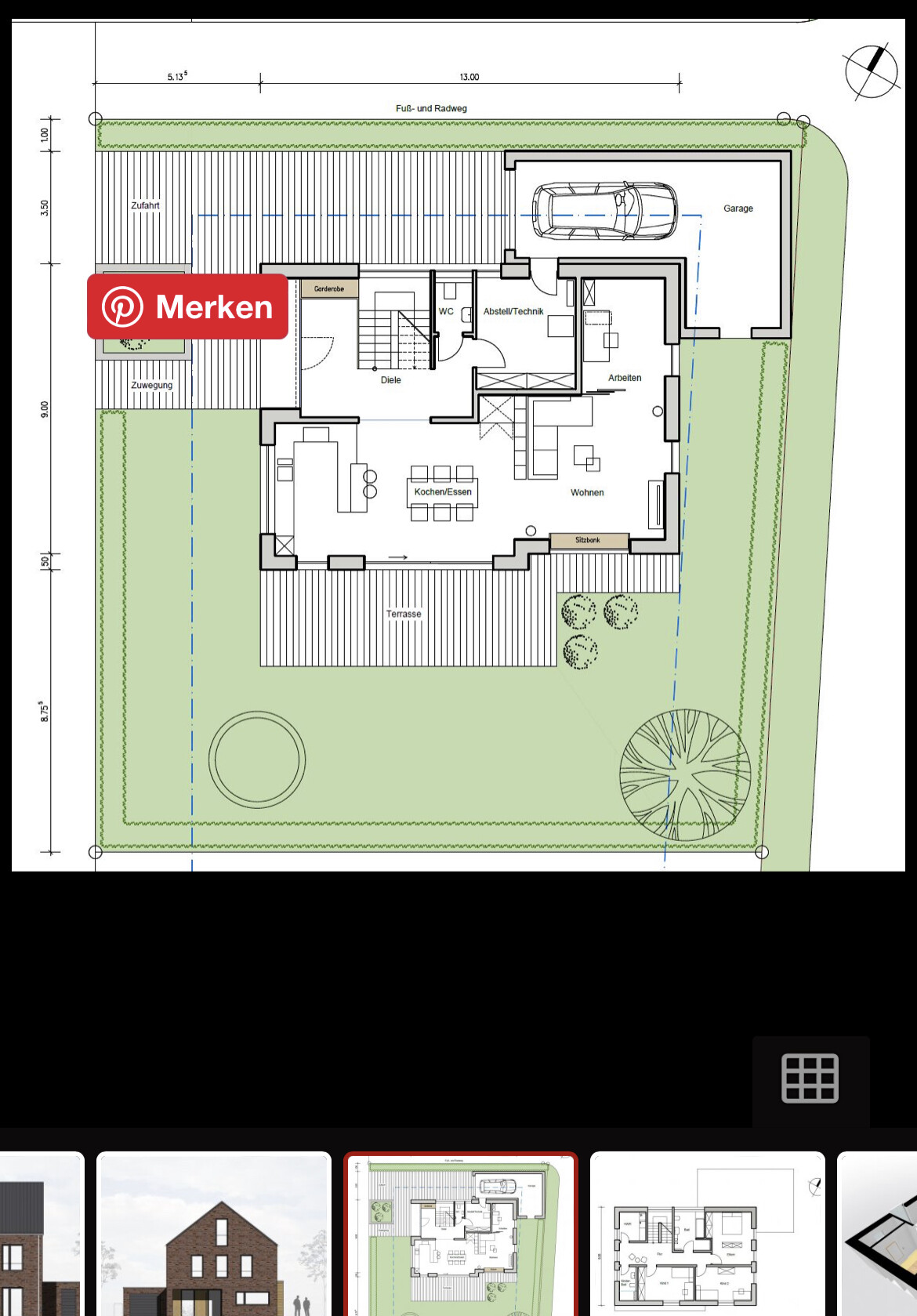 Grundriss eines Einfamilienhauses mit Terrasse, Garten, Garage und Innenräumen.
