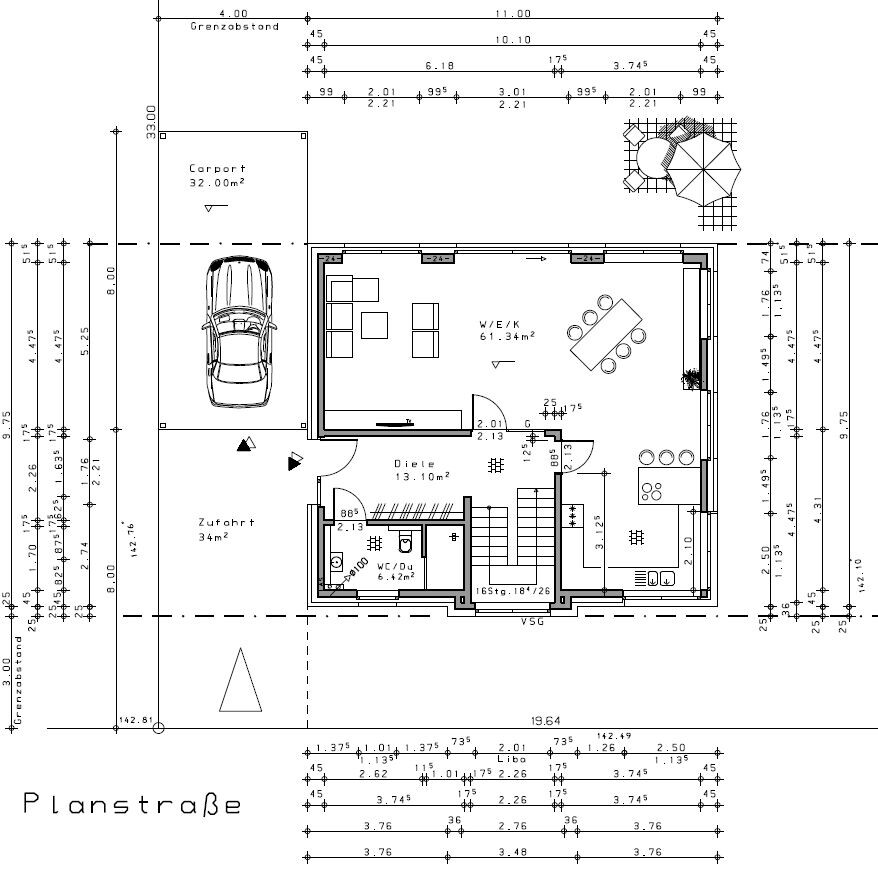 Grundriss eines Hauses: Carport, Zufahrt, Diele, WC, Wohn-/Essbereich, Küche, Treppe, Terrasse.